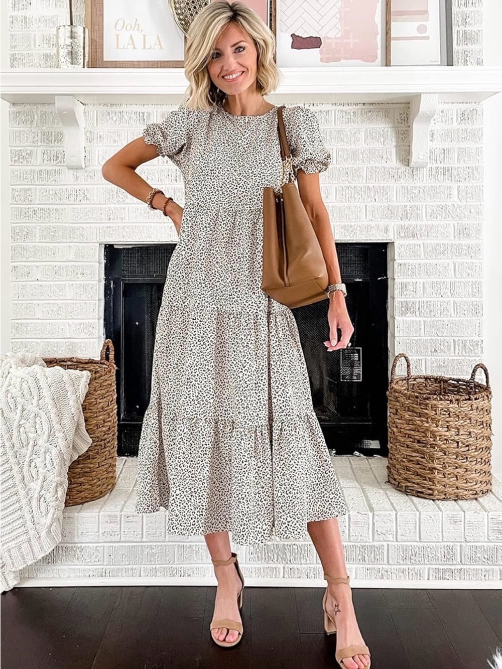 Leopard Tiered Midi Dress with Puff Sleeves - Cream
